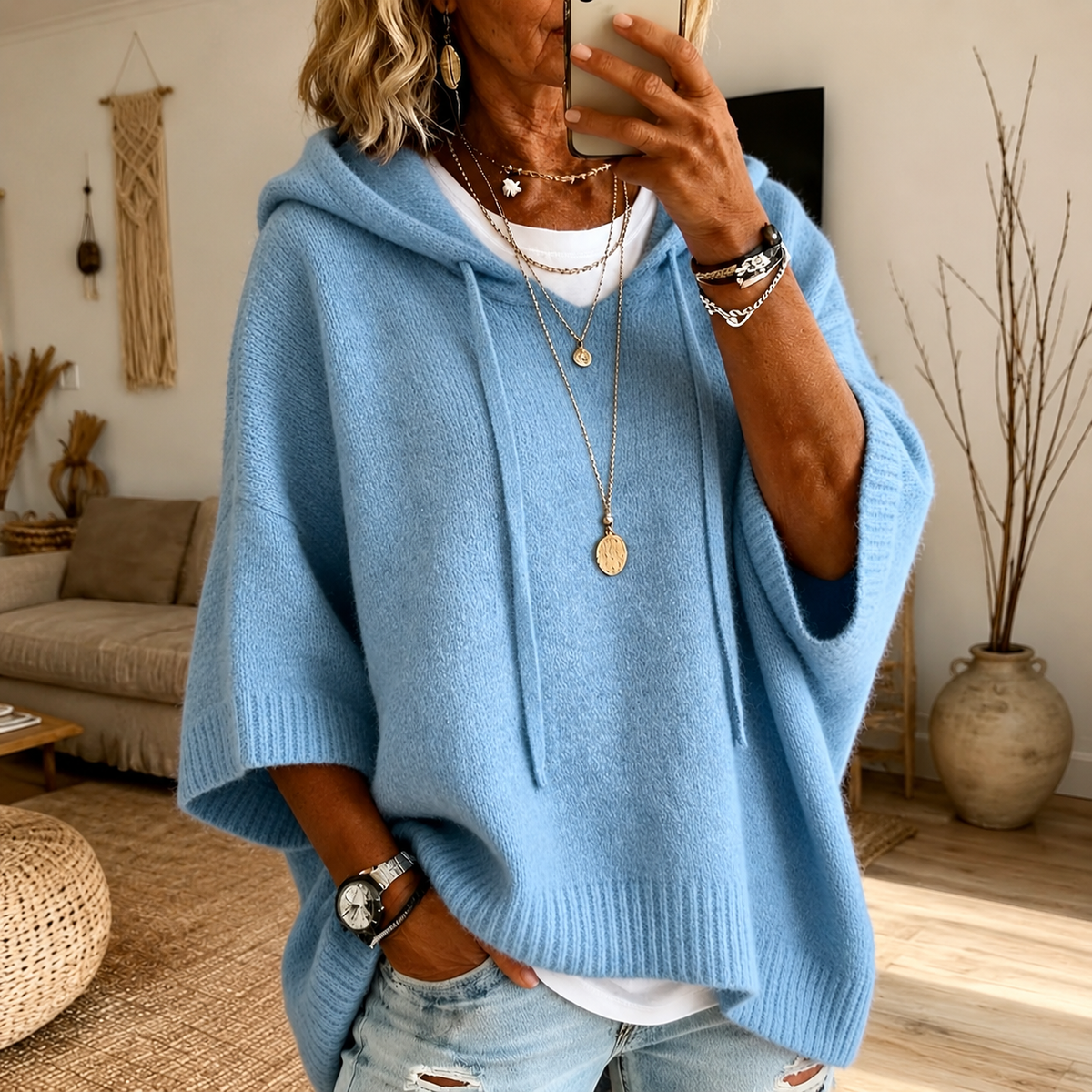 Lea – Maglione Poncho Blu Cielo