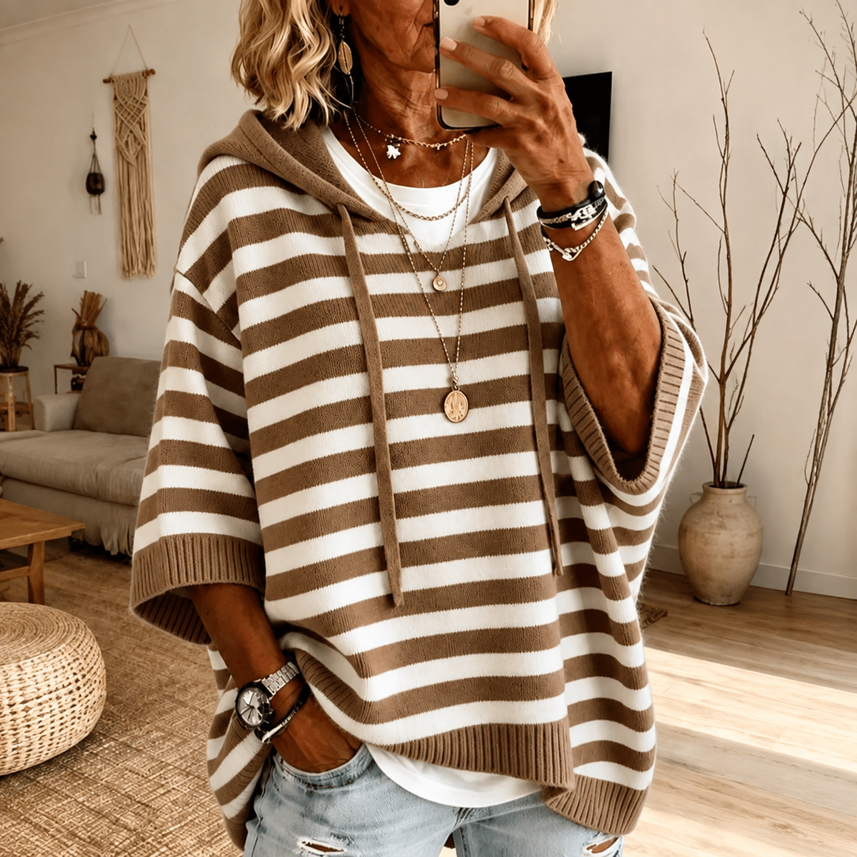 Mathilde – Poncho Sweater a Righe Tortora