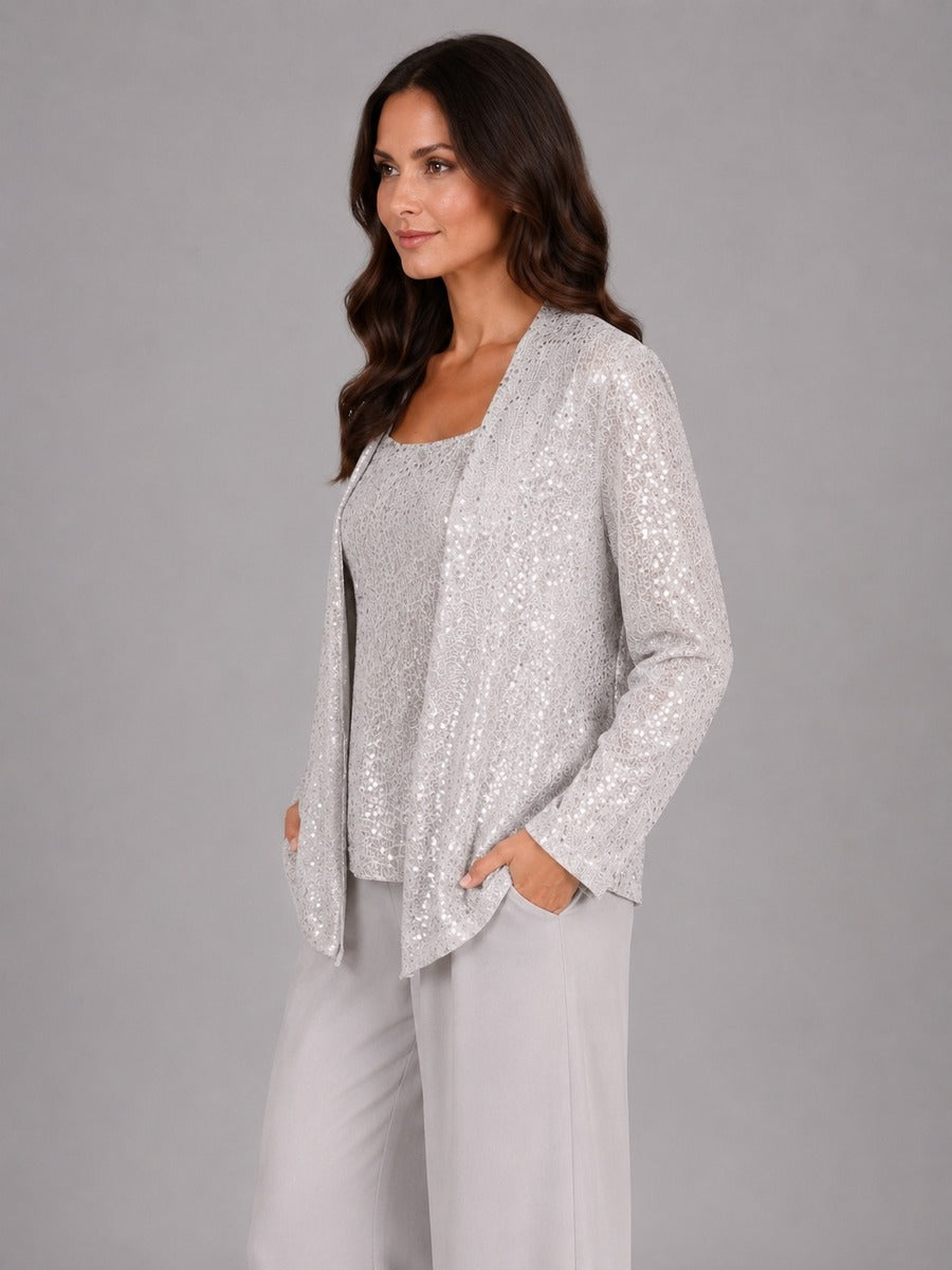 Zelinda | Completo Tre Pezzi con Giacca Aperta in Paillettes, Top e Pantaloni a Gamba Larga