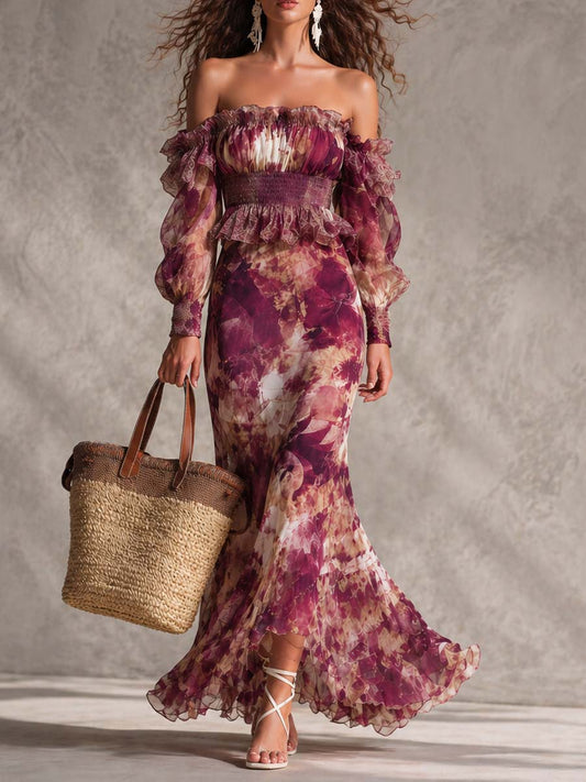 Rosine | Abito Maxi Spalle Scoperte Rosa Antico, Motivo Floreale