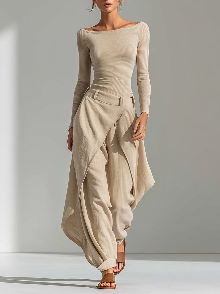 Éveline | Top Beige con Collo a Barchetta e Pantaloni Larghi con Volant