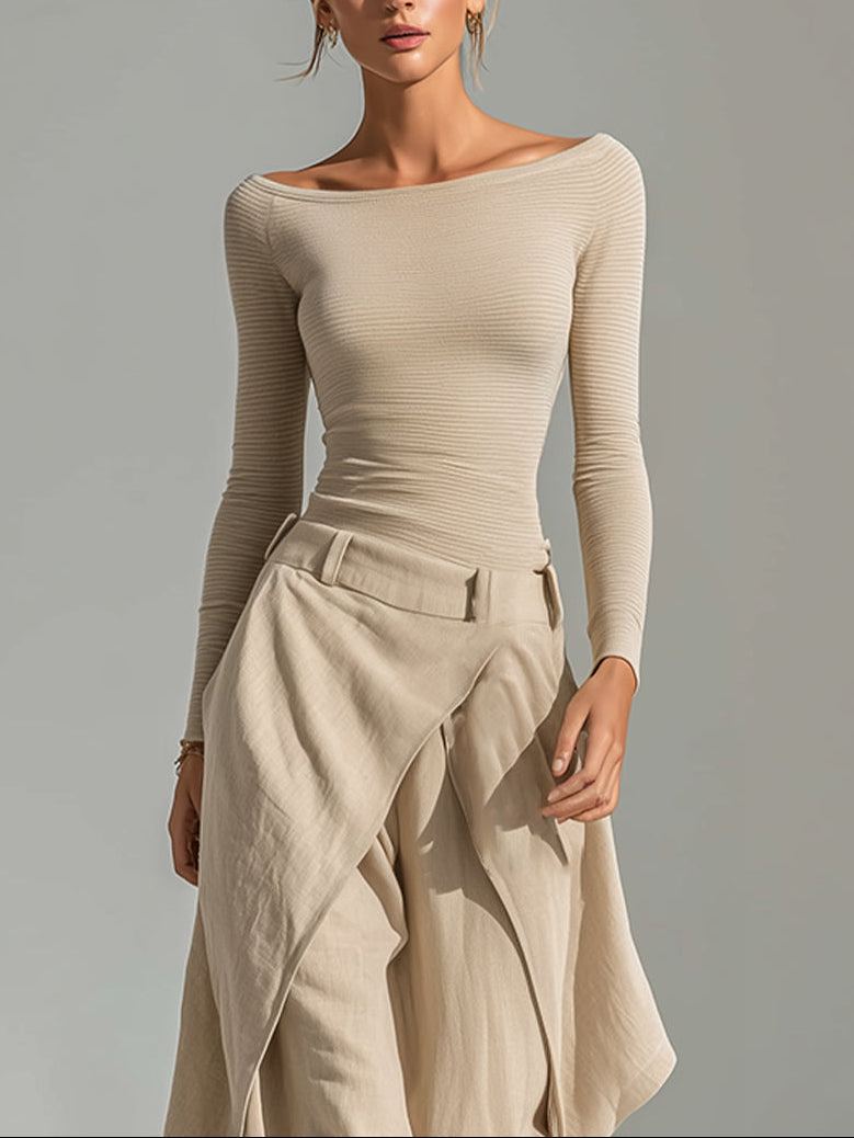 Éveline | Top Beige con Collo a Barchetta e Pantaloni Larghi con Volant