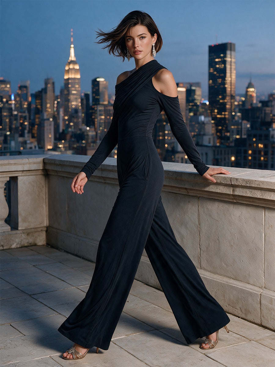Élodie | Combinazione Mono-spalla Nera da Sera con Pantalone Largo