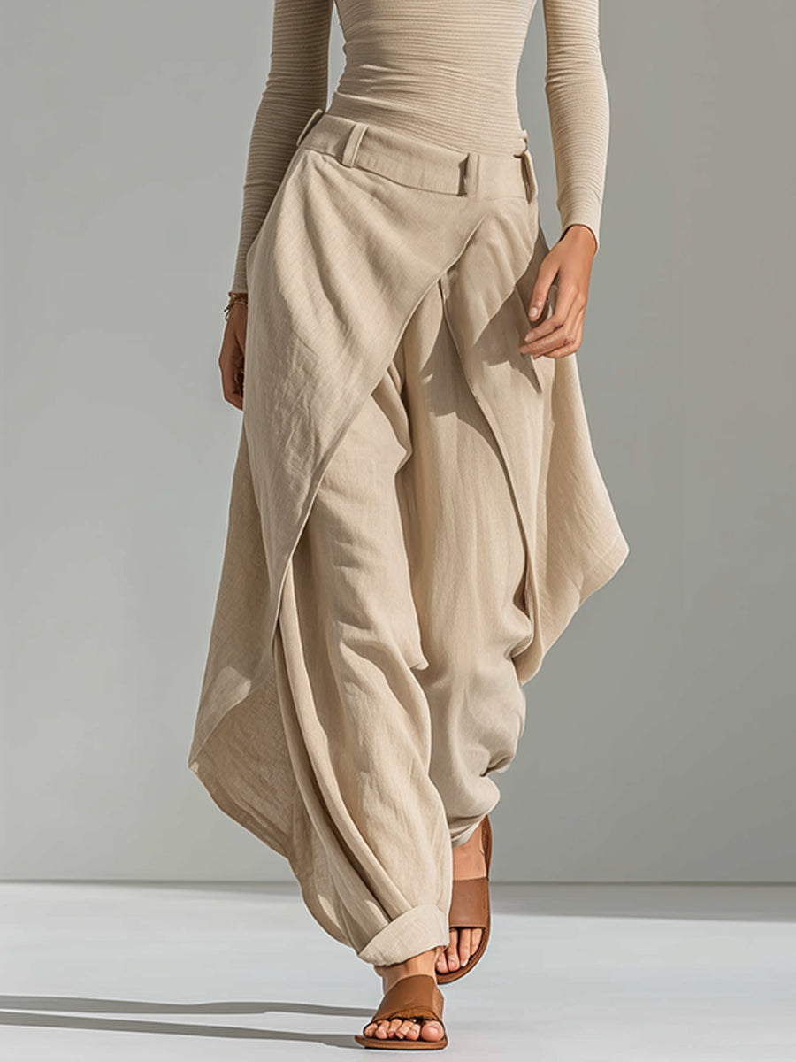 Delphine | Completo Top Beige Collo Barchetta e Pantalone Largo con Volant