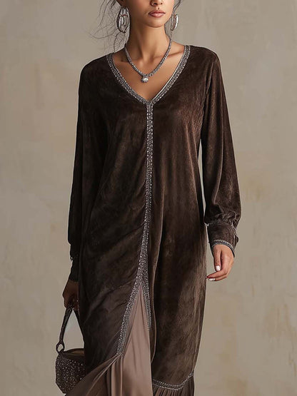 Teresa | Vestito midi ampio in suede sintetico con scollo a V e dettaglio di bordatura
