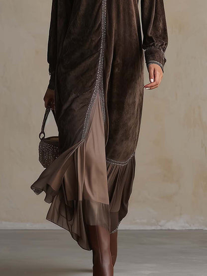 Teresa | Vestito midi ampio in suede sintetico con scollo a V e dettaglio di bordatura