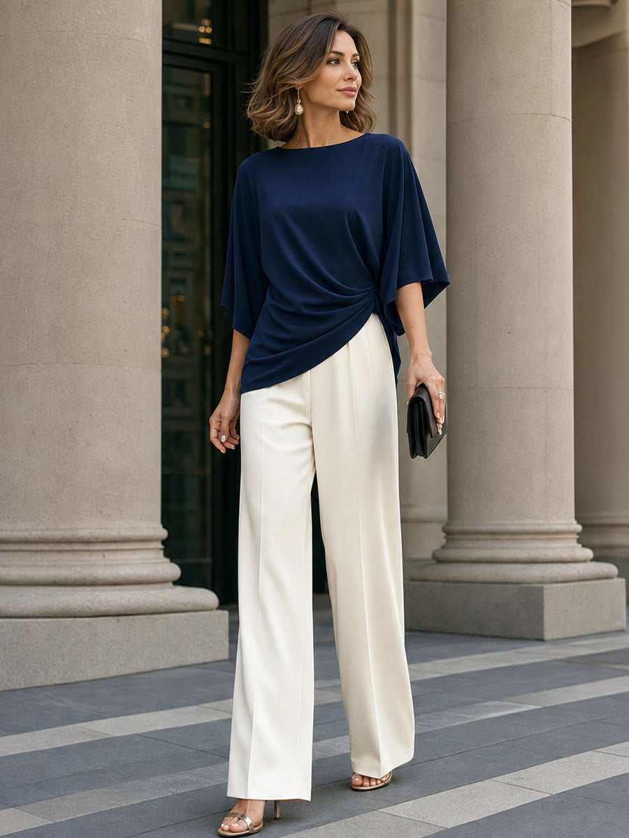 Moni | Completo con Blusa Drappeggiata e Pantaloni a Gamba Larga