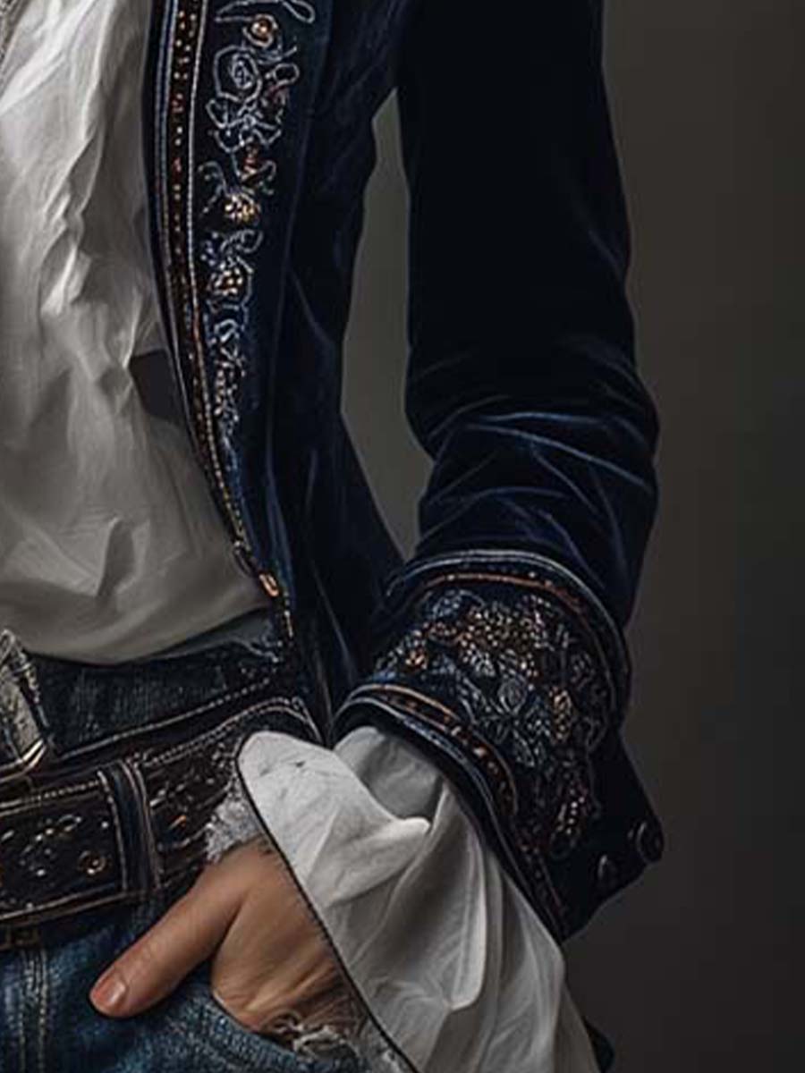 Athénaïs | Giacca Lunga Ricamata Vintage Blu Marino