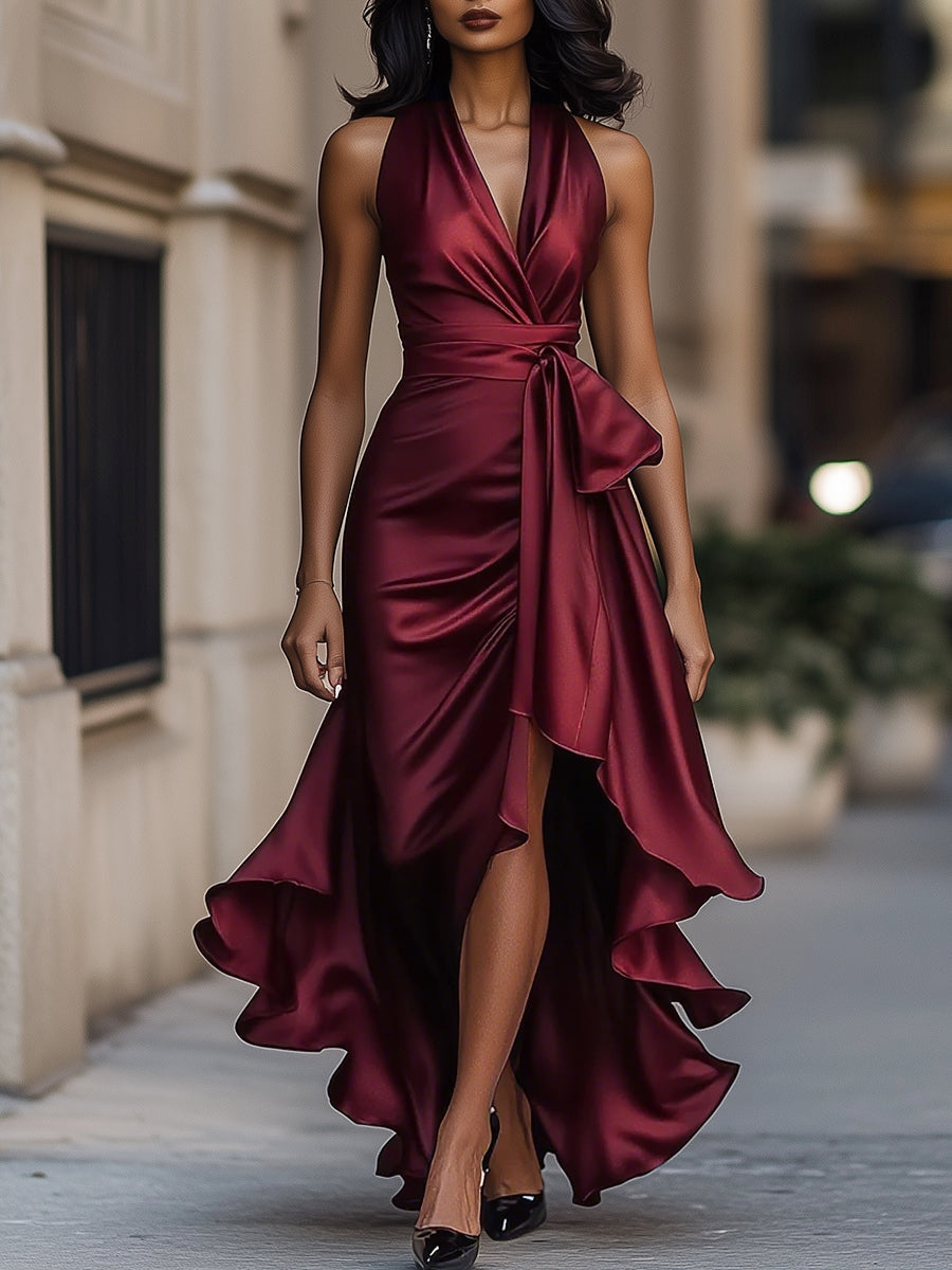 Triana | Abito in Raso con Volant Halter Eleganza di Mezzanotte