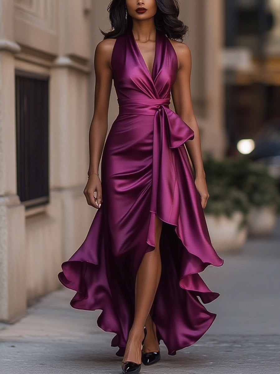 Triana | Abito in Raso con Volant Halter Eleganza di Mezzanotte