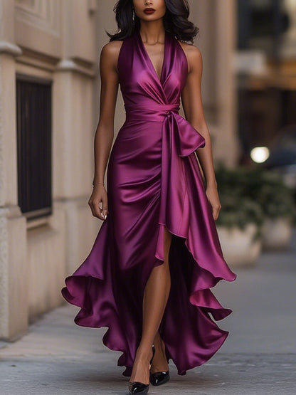 Triana | Abito in Raso con Volant Halter Eleganza di Mezzanotte
