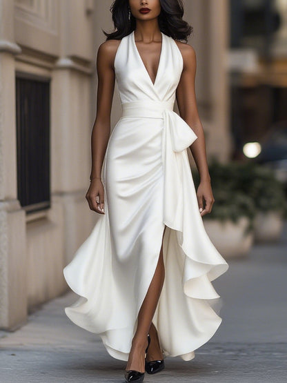 Triana | Abito in Raso con Volant Halter Eleganza di Mezzanotte