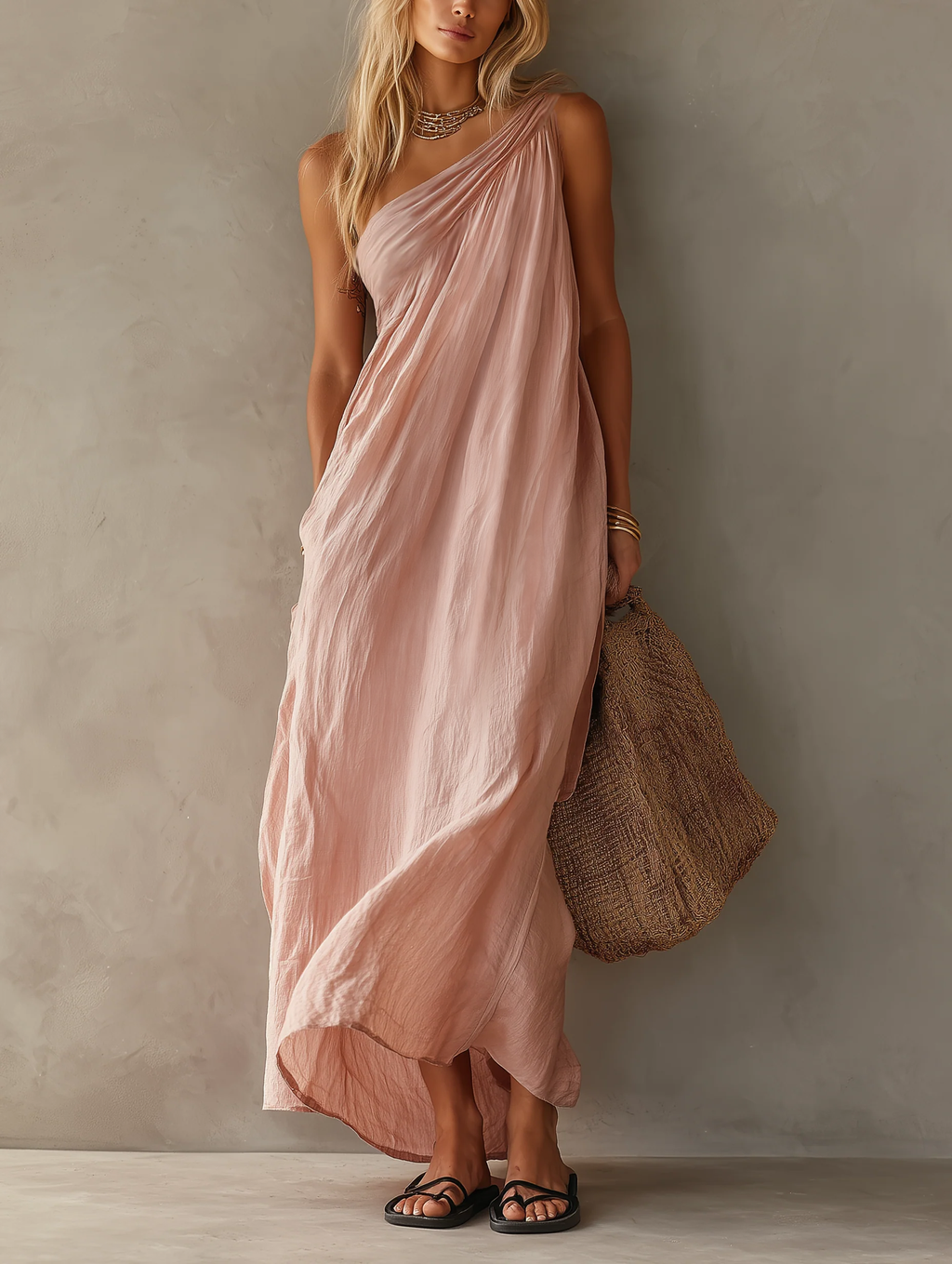 Abito Maxi Elegante Senza Maniche Rosa in Cotone e Lino per Donna