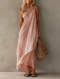 Abito Maxi Elegante Senza Maniche Rosa in Cotone e Lino per Donna