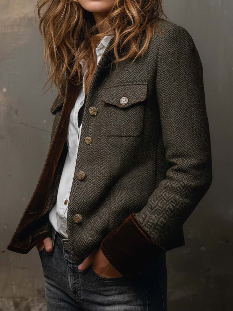 Honorine | Blazer Vintage Chevron con Bordature Contrastanti
