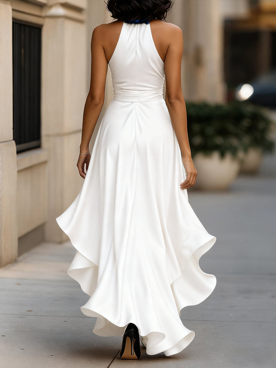 Triana | Abito in Raso con Volant Halter Eleganza di Mezzanotte