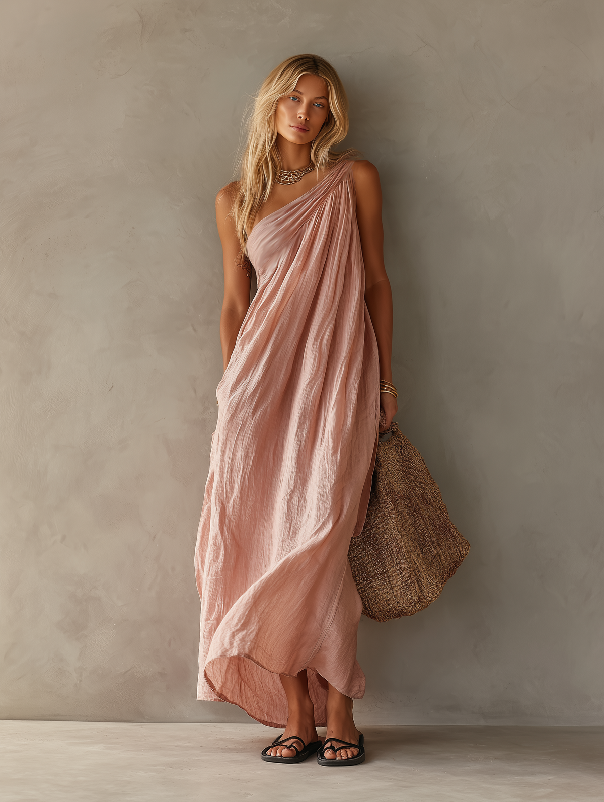 Abito Maxi Elegante Senza Maniche Rosa in Cotone e Lino per Donna