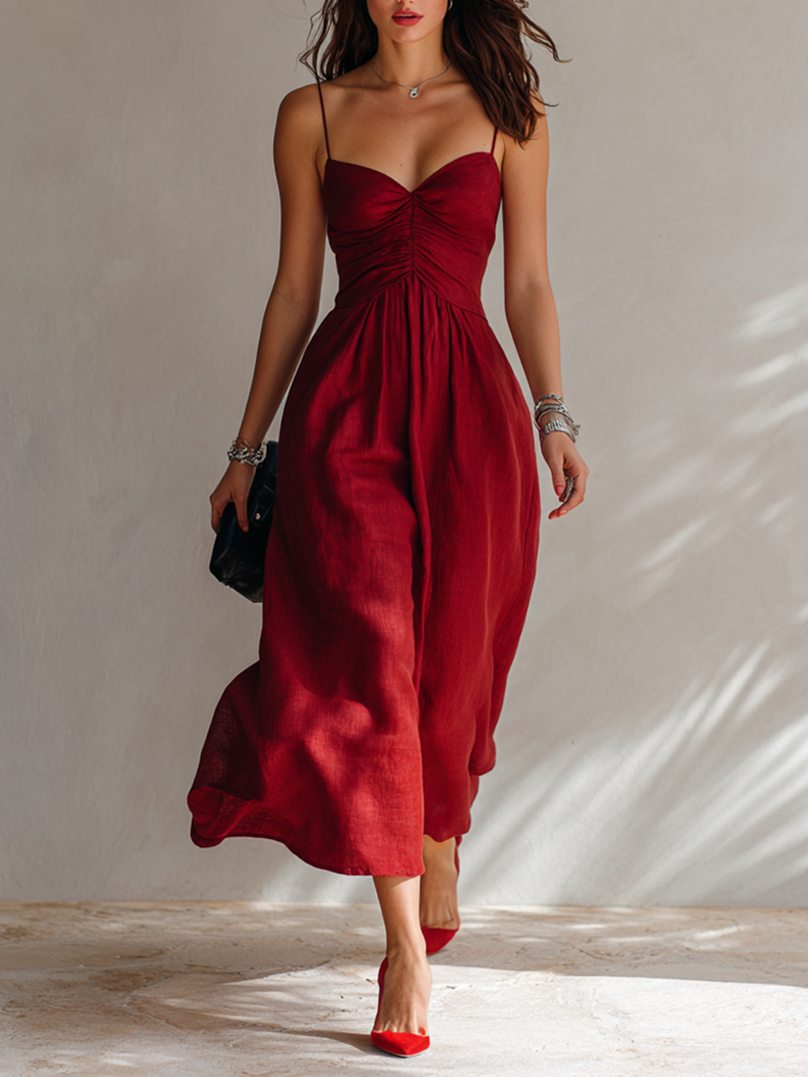 Abito Midi Minimalista in Lino con Spalline a Spaghetti per Donna