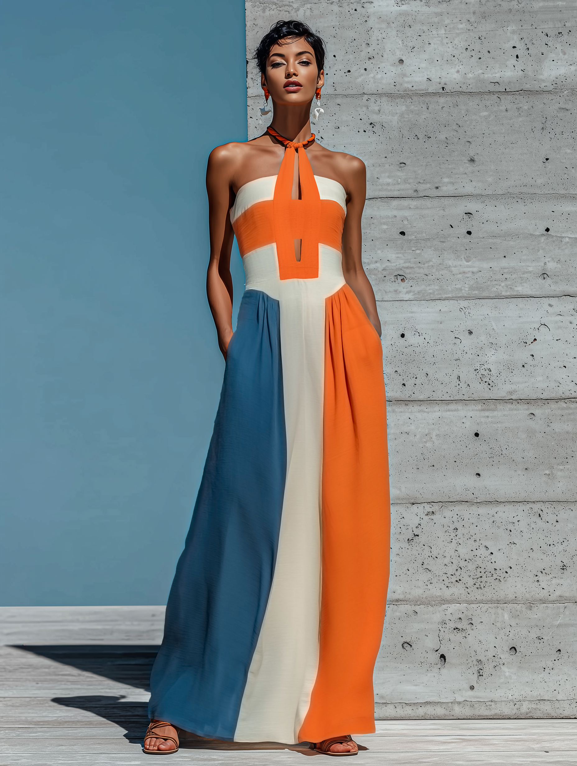 Abito Maxi Donna a Blocchi di Colore Arancione, Bianco e Blu con Scollo Halter e Corpetto Arricciato -