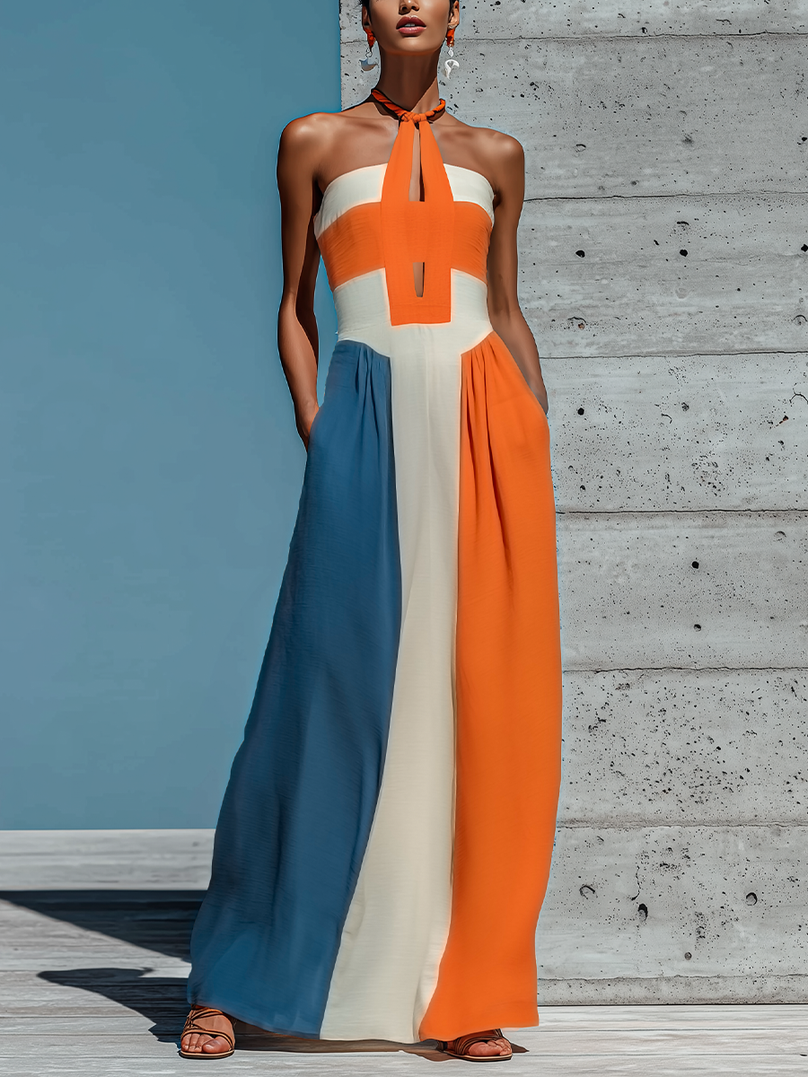Abito Maxi Donna a Blocchi di Colore Arancione, Bianco e Blu con Scollo Halter e Corpetto Arricciato -