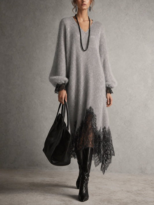 Alaya | Vestito midi grigio in maglia con bordo in pizzo