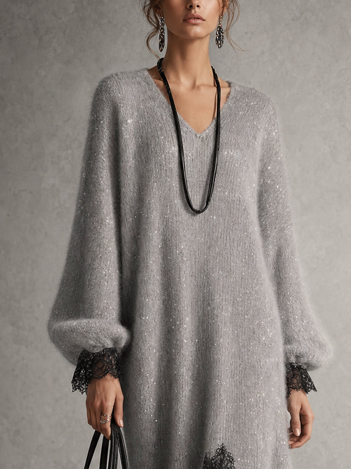 Alaya | Vestito midi grigio in maglia con bordo in pizzo