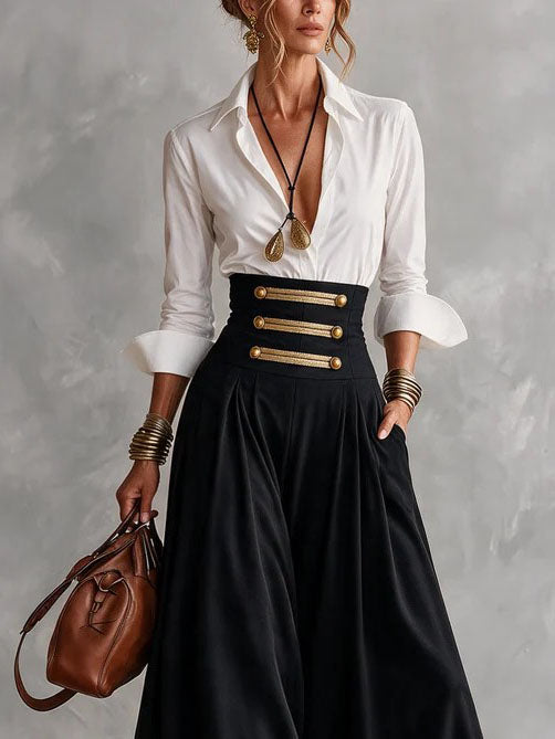 Camicia da Colletto Bianco & Gonna a Vita Alta con Bottoni Dorati - Completo Due Pezzi