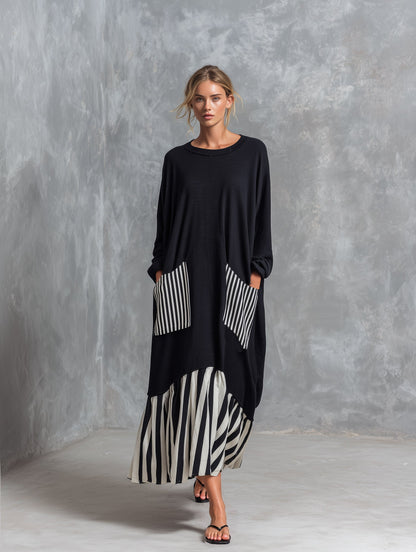 Alba | Abito lungo oversize in cotone nero con righe in stile patchwork