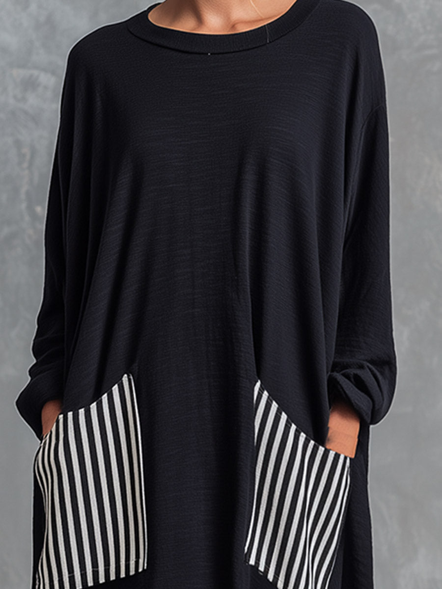 Alba | Abito lungo oversize in cotone nero con righe in stile patchwork