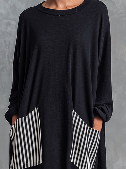 Alba | Abito lungo oversize in cotone nero con righe in stile patchwork