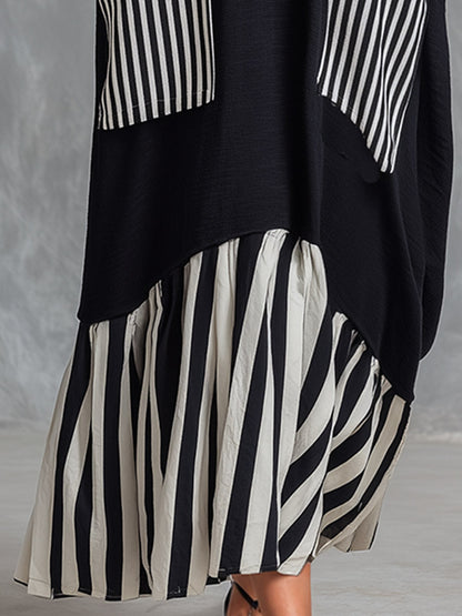 Alba | Abito lungo oversize in cotone nero con righe in stile patchwork