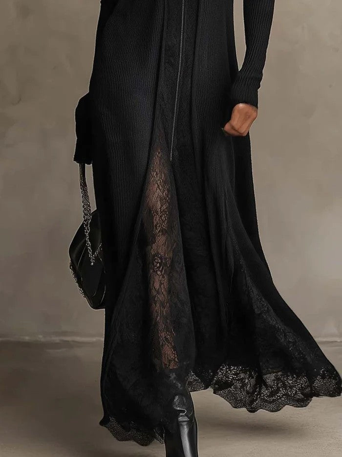 Nerissa | Abito Maxi in Maglia a Coste con Pizzo, Nero