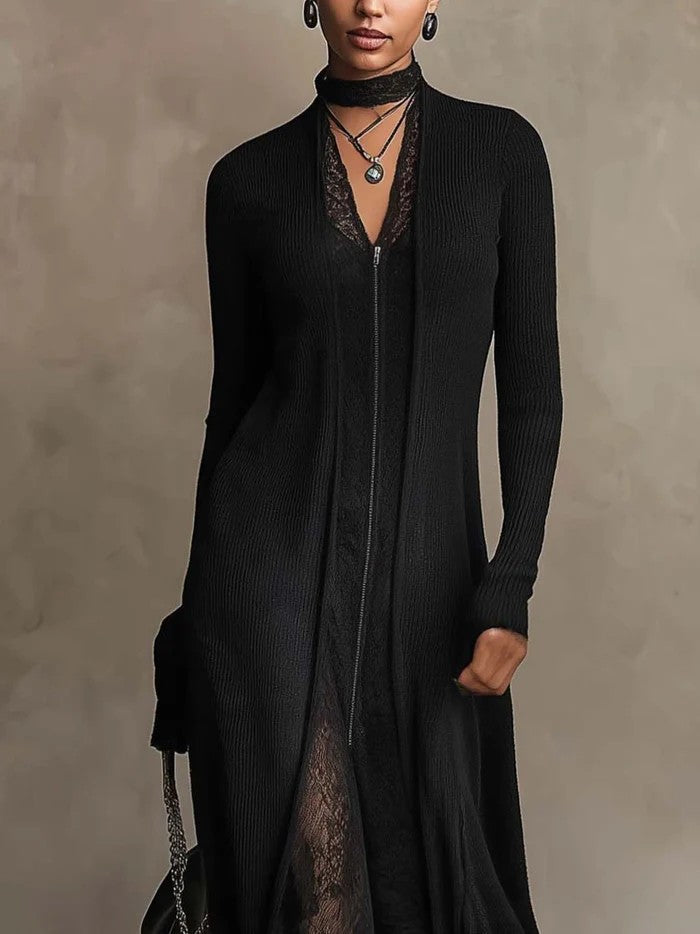 Nerissa | Abito Maxi in Maglia a Coste con Pizzo, Nero