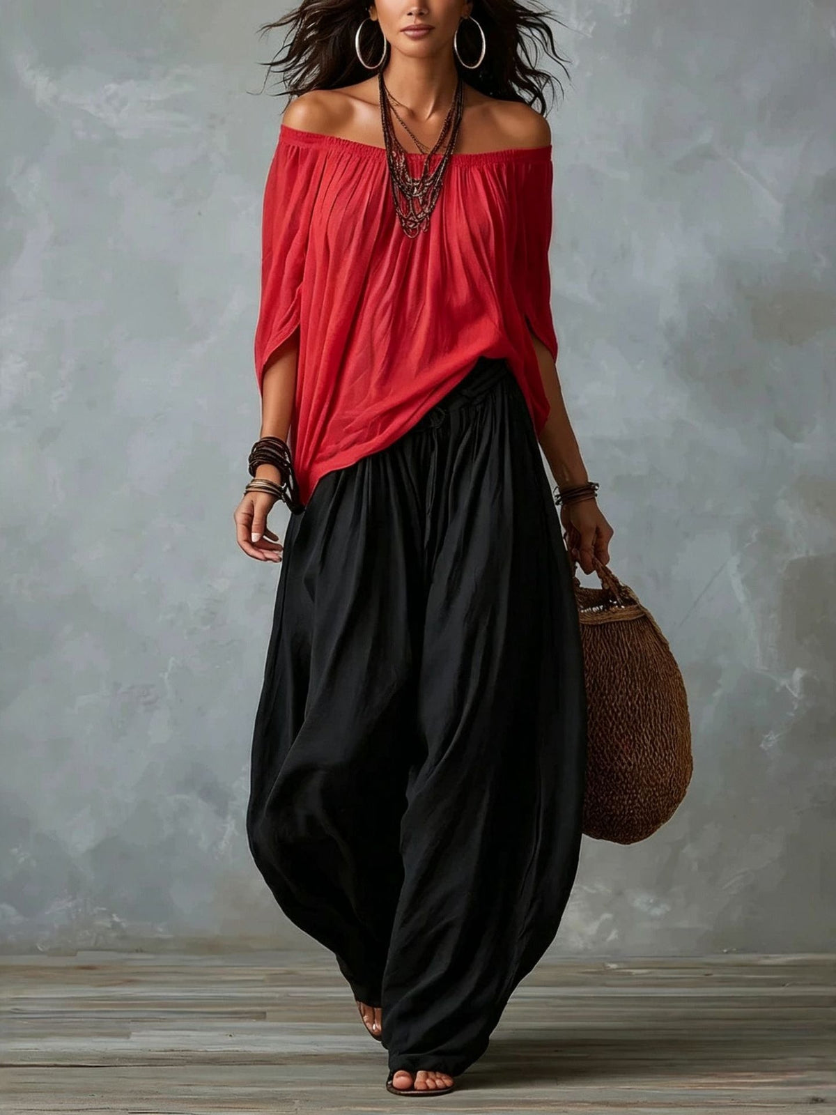 Marta | Completo Top Bianco Off-the-shoulder e Pantaloni Lantern Larghi