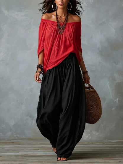 Marta | Completo Top Bianco Off-the-shoulder e Pantaloni Lantern Larghi