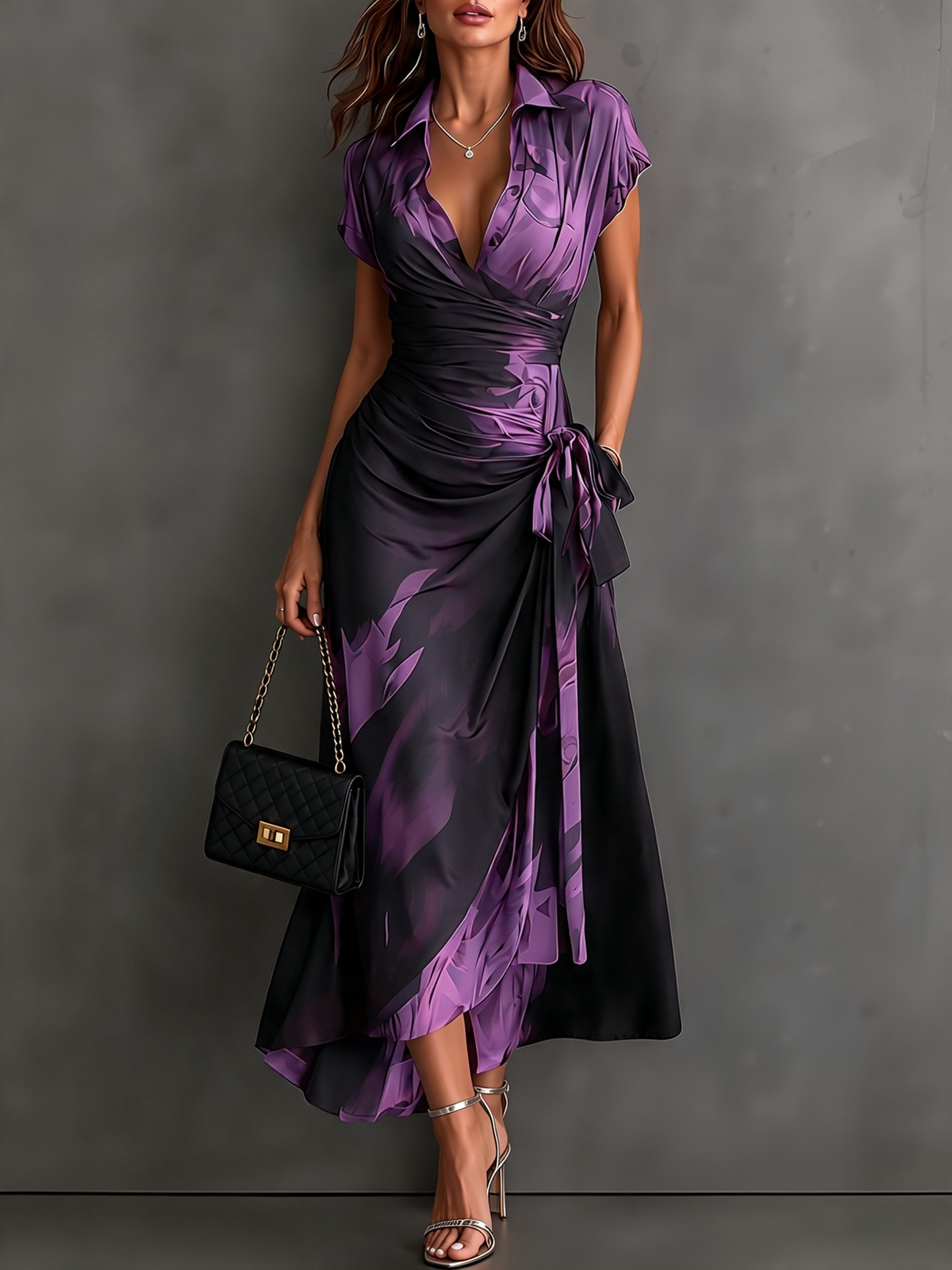 Malesia | Vestito Midi Avvolgente Astratto Rosso e Nero con Collo Camicia, Scollatura a V