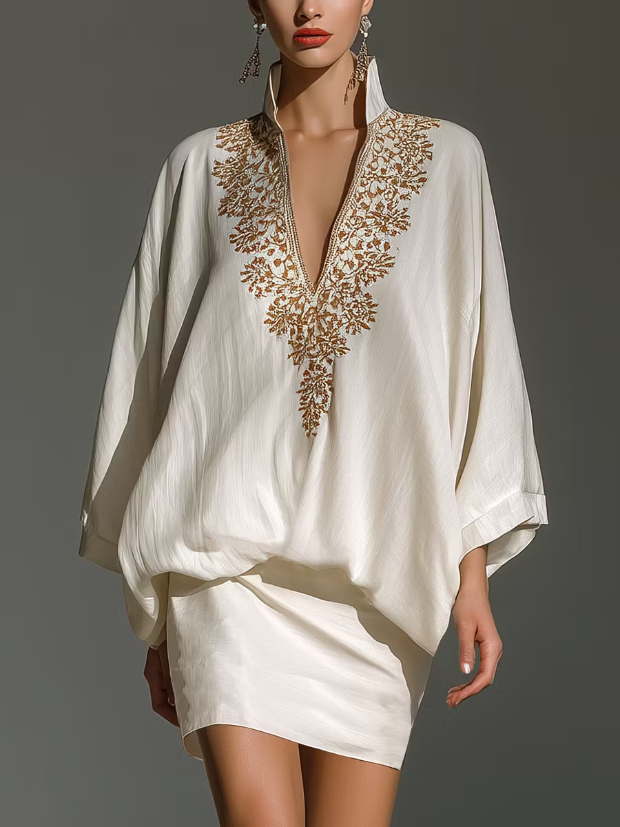 Set di Mini Gonna Elegante Bianco con Scollatura a V