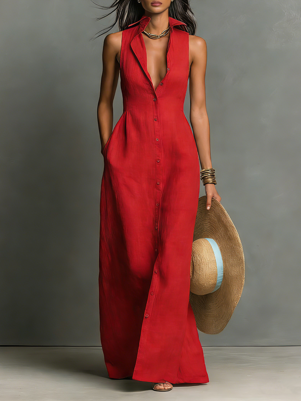 Abito Maxi Senza Maniche in Lino Minimalista per Donna -