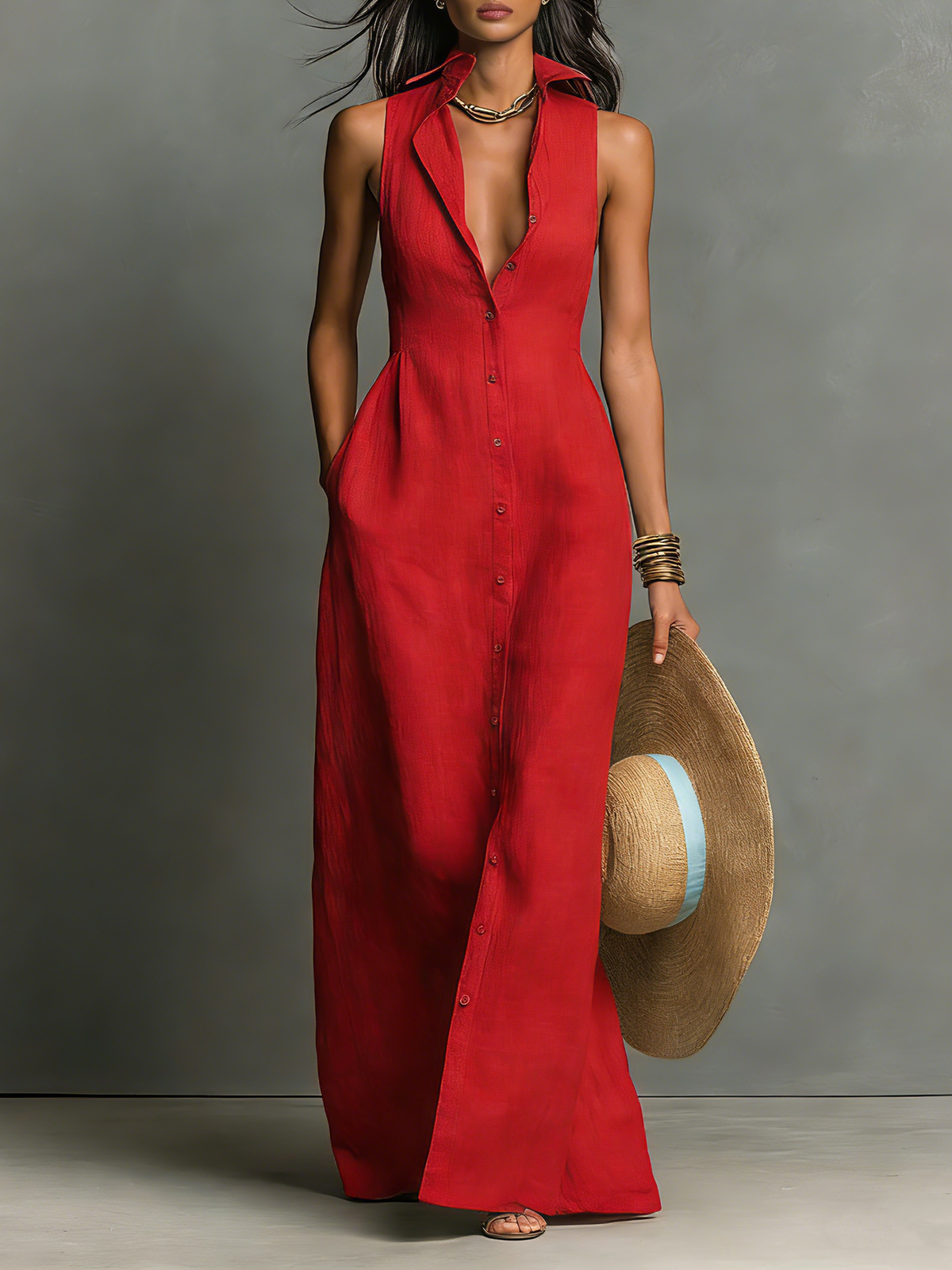 Abito Maxi Senza Maniche in Lino Minimalista per Donna -