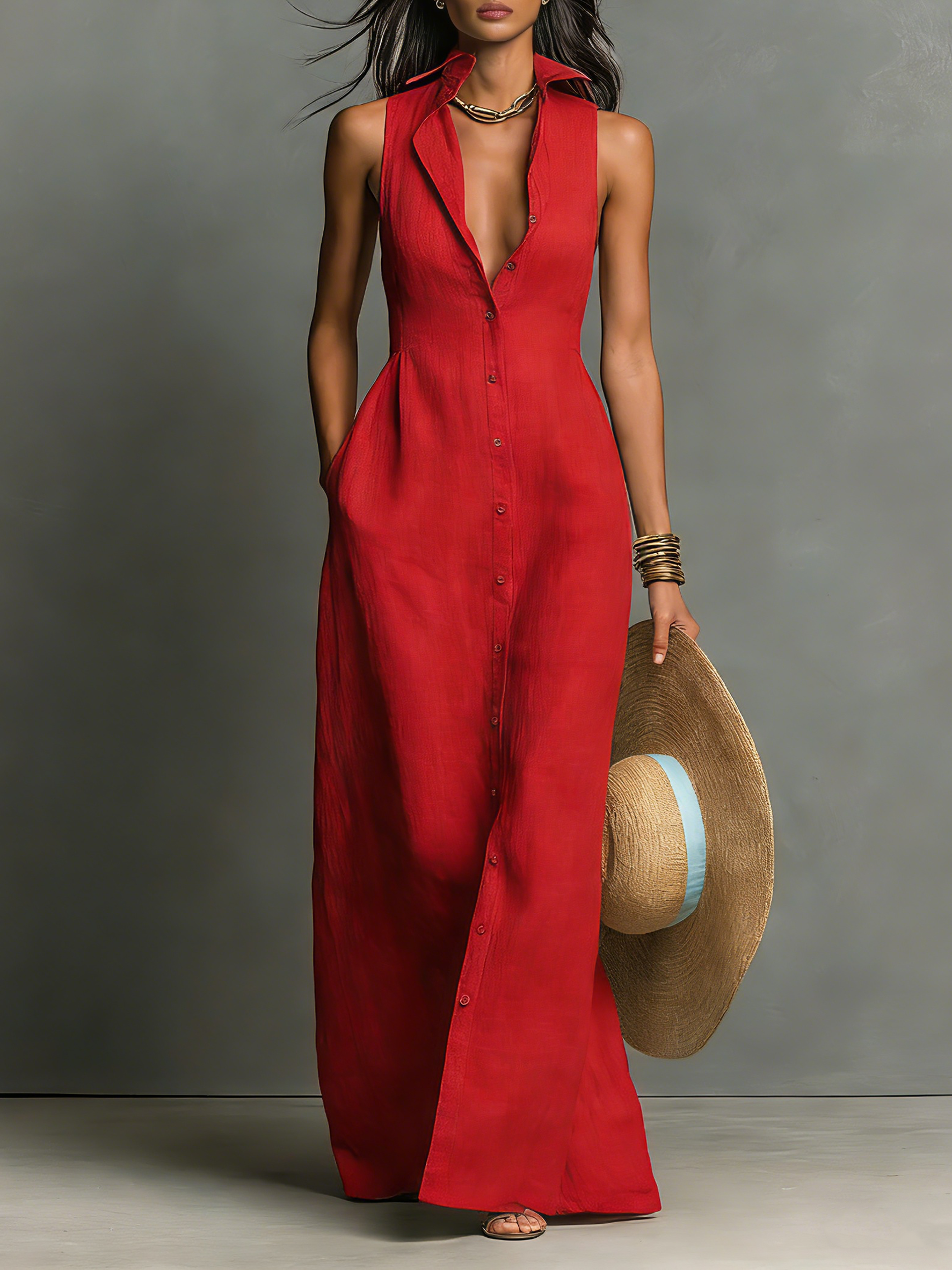 Abito Maxi Senza Maniche in Lino Minimalista per Donna -