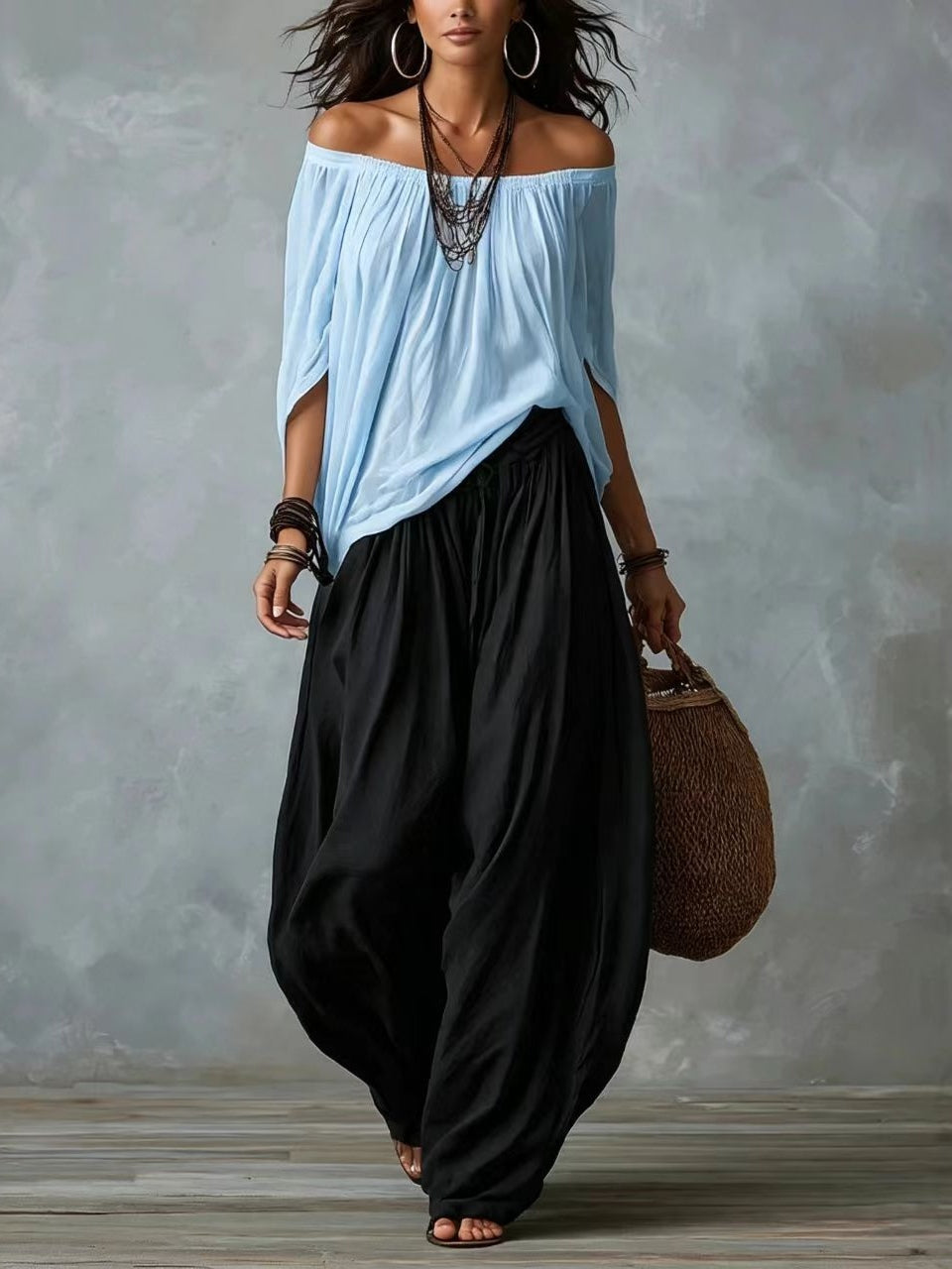 Marta | Completo Top Bianco Off-the-shoulder e Pantaloni Lantern Larghi