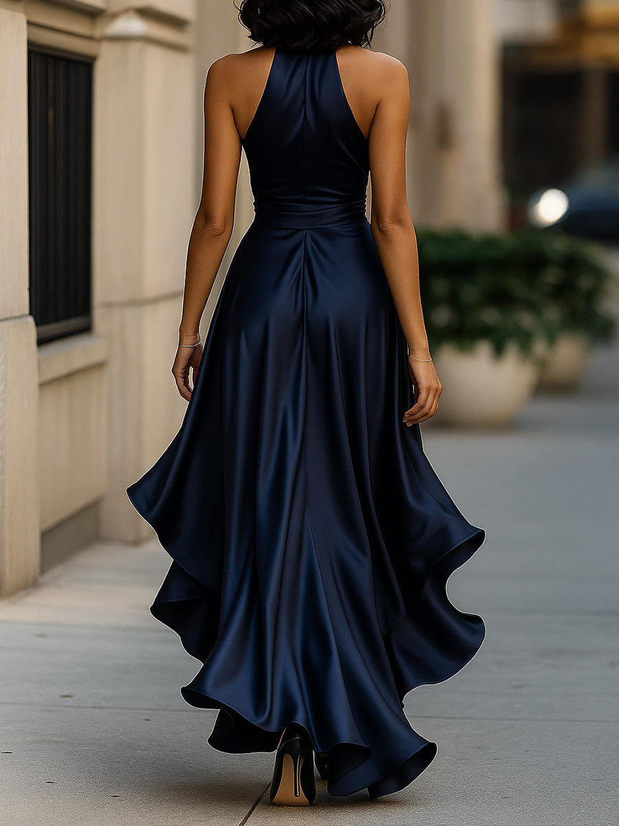 Triana | Abito in Raso con Volant Halter Eleganza di Mezzanotte