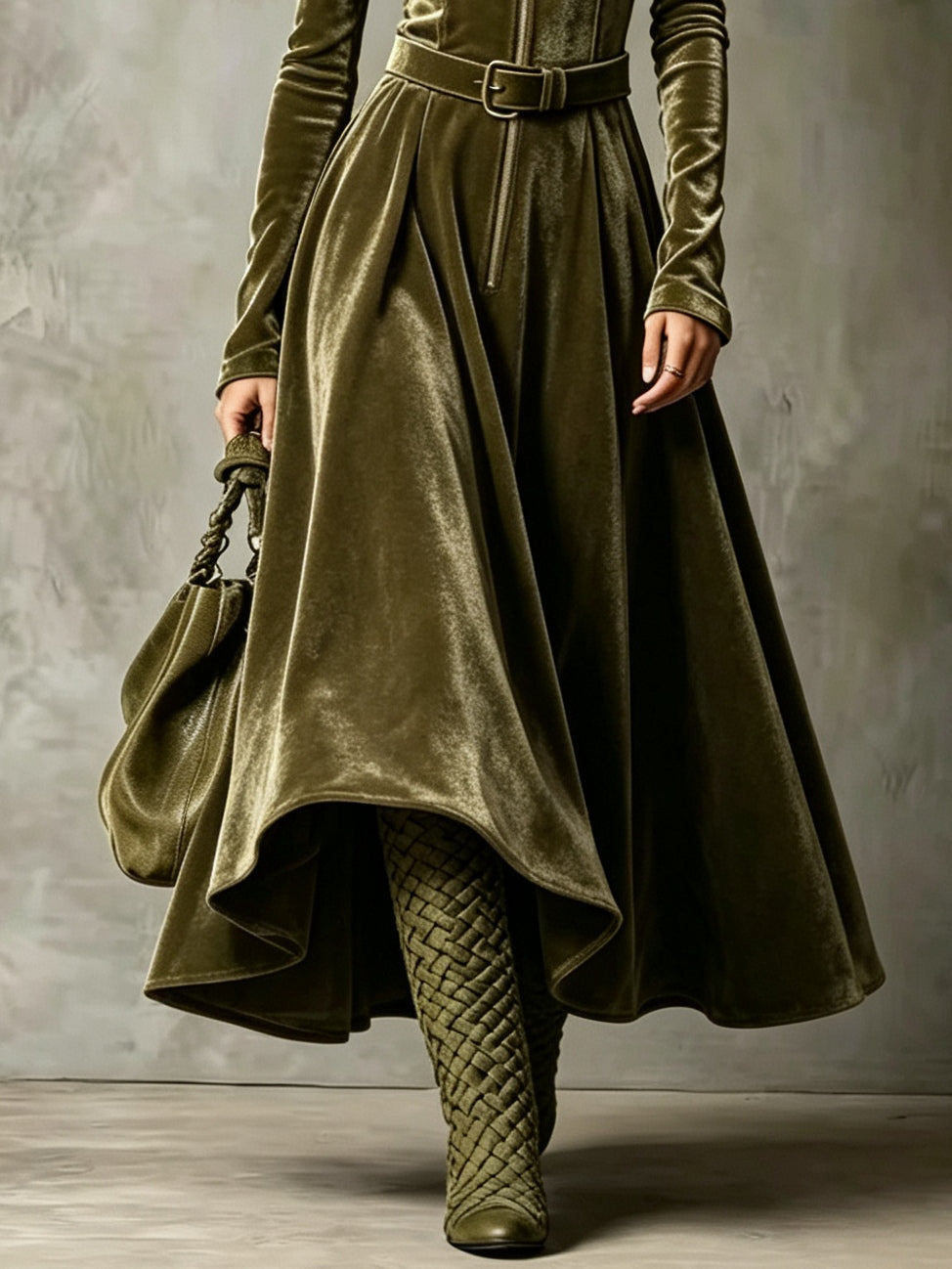 Vega | Abito lungo in velluto verde oliva con zip frontale in stile vintage (cintura inclusa)