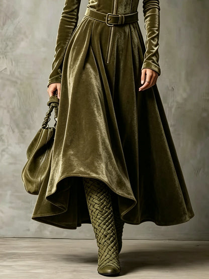 Vega | Abito lungo in velluto verde oliva con zip frontale in stile vintage (cintura inclusa)