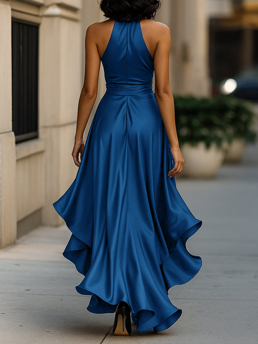 Triana | Abito in Raso con Volant Halter Eleganza di Mezzanotte