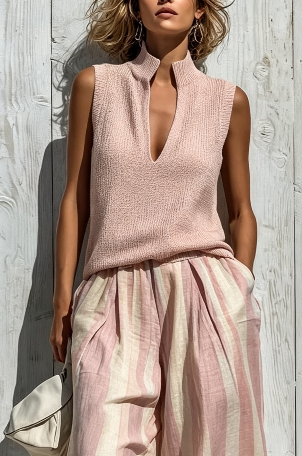 Set top senza maniche rosa e pantaloni a righe larghi