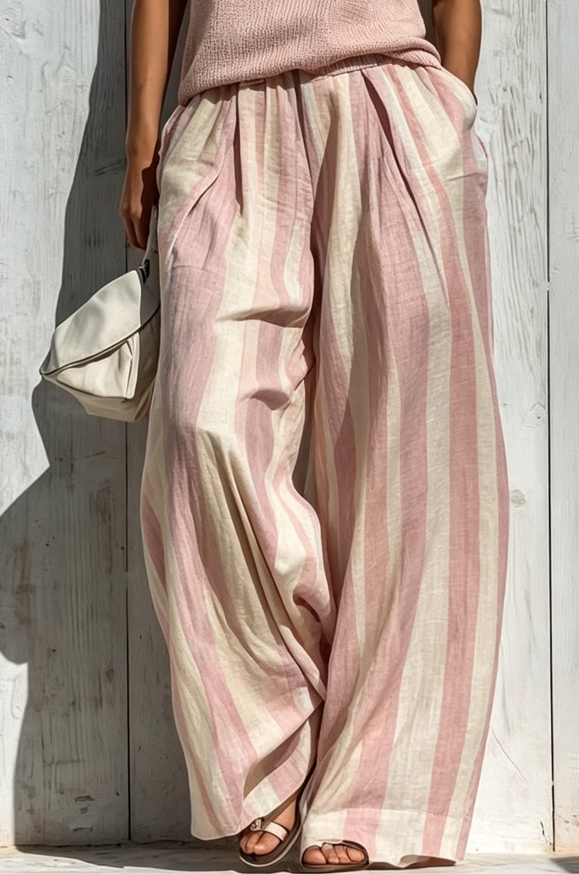 Set top senza maniche rosa e pantaloni a righe larghi