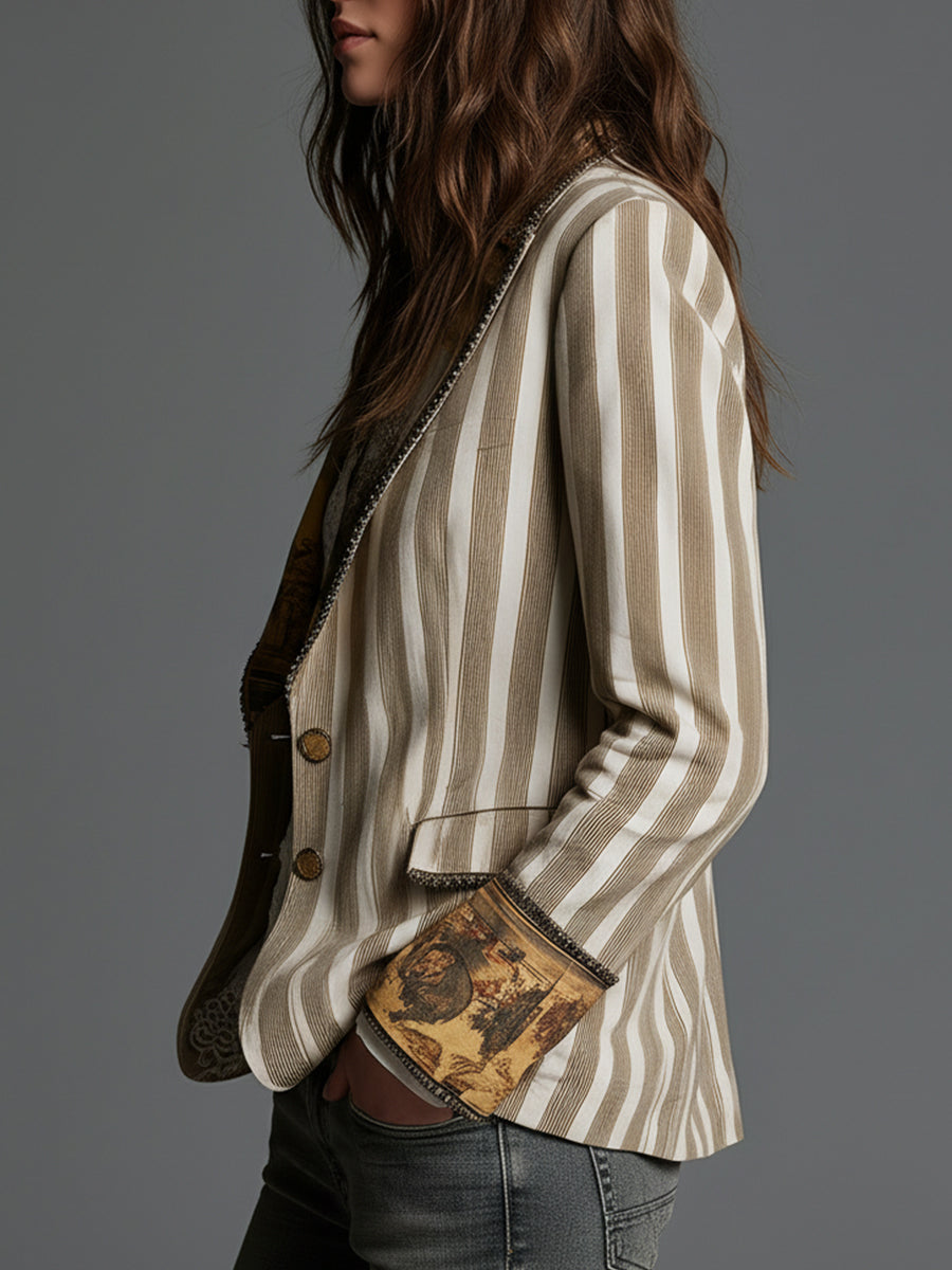 Suzanne | Blazer Bohemien Striato con Collo Stampato