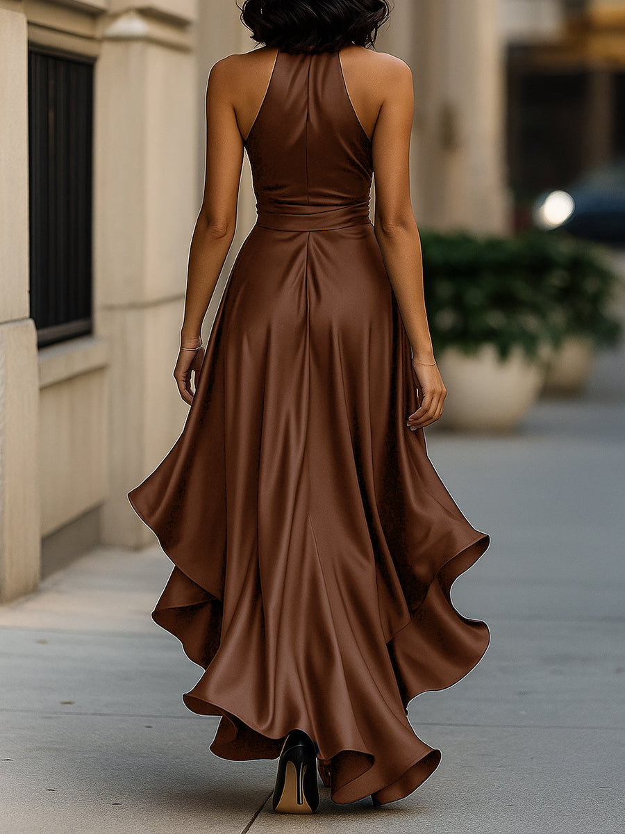 Triana | Abito in Raso con Volant Halter Eleganza di Mezzanotte