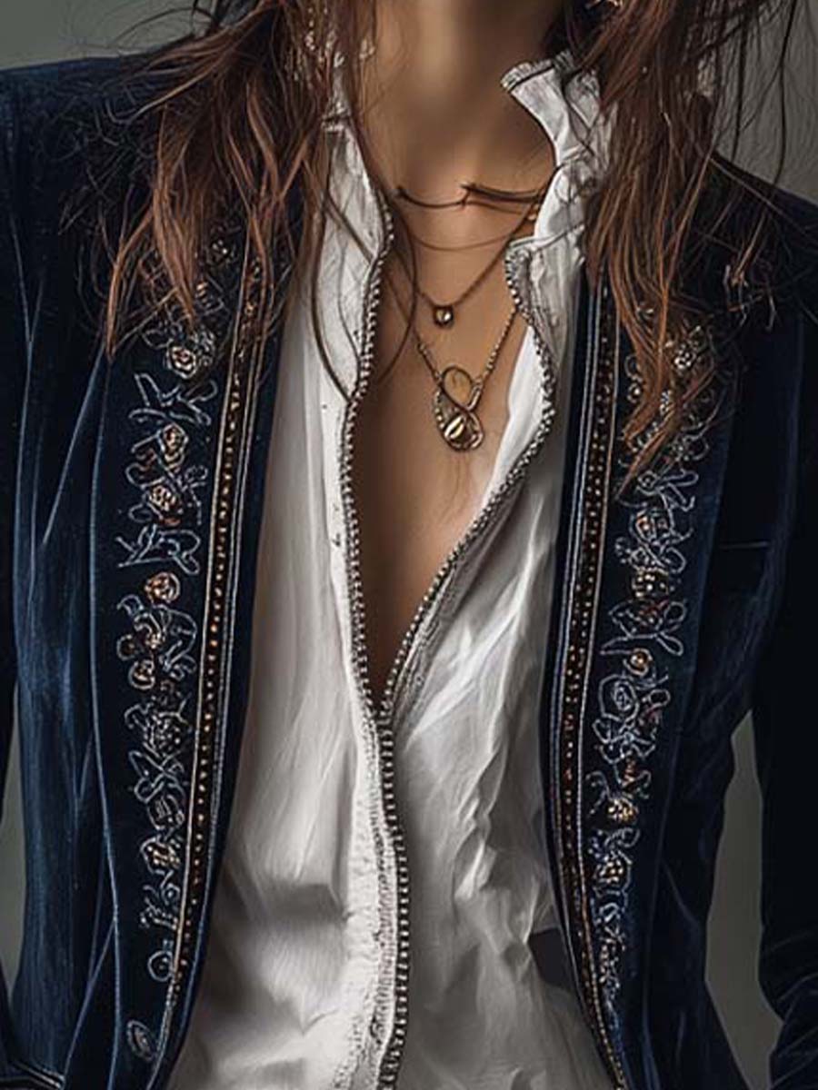 Athénaïs | Giacca Lunga Ricamata Vintage Blu Marino